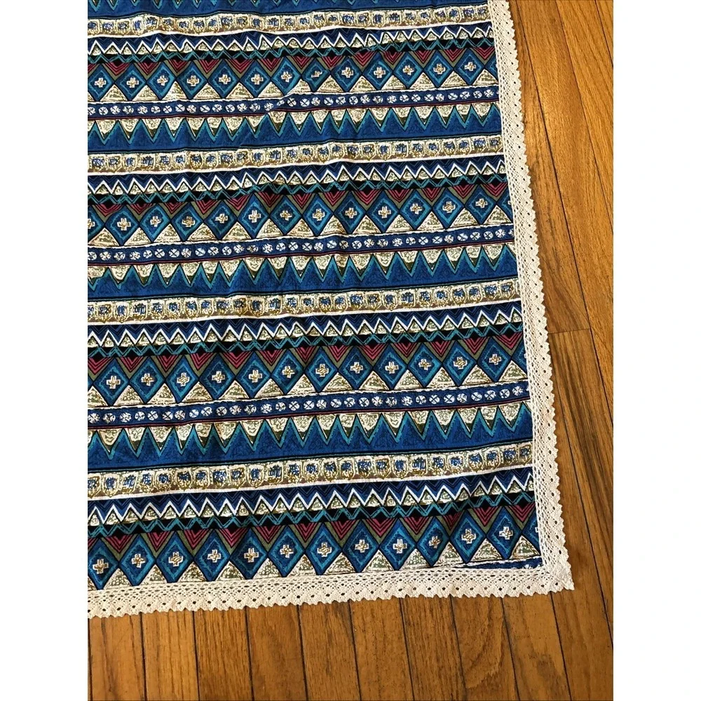 Vibrant Bohemian Mediterranean Blue Fabric Tablecloth Crochet Trim‎ Geometric